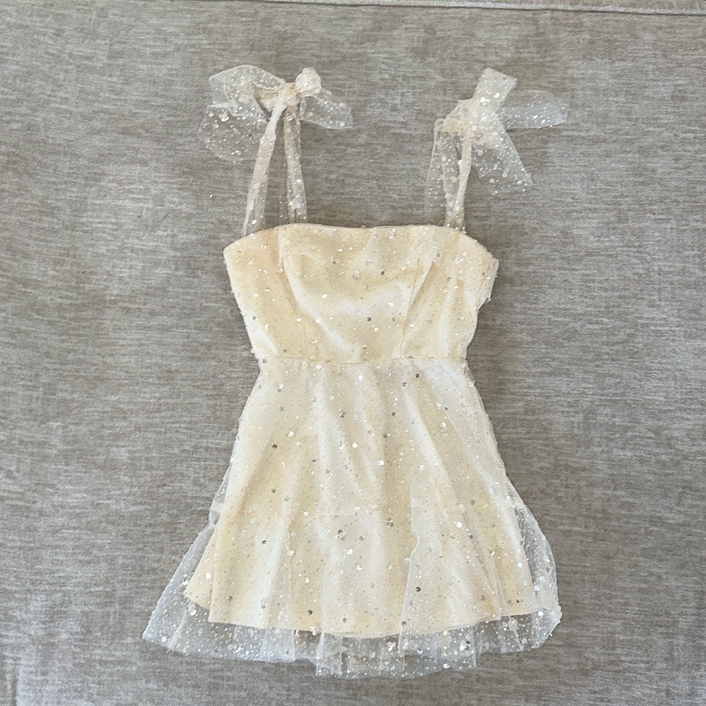 Cream/ Champagne sequin Lucy in the Sky tie shoulder dress